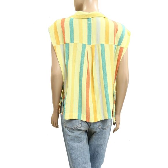 Free People Free-est Vacay Rhythm Blouse Top Wide Stripe Print Capped M 283595 - Picture 4 of 6